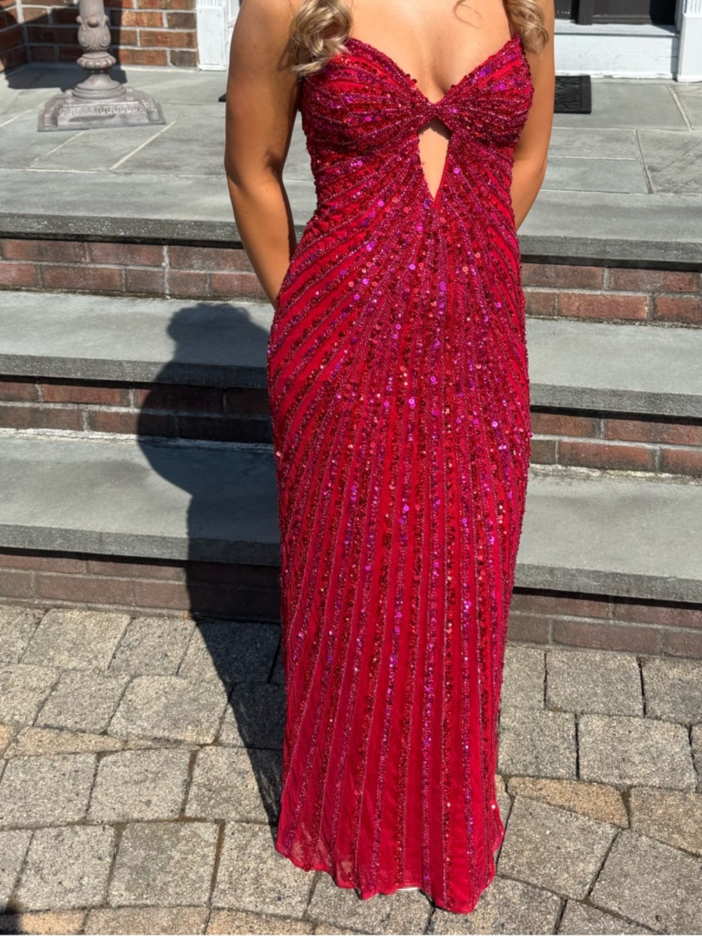 Sherri Hill Red /pink Sequin V-Neck Gown with Center Keyhole
